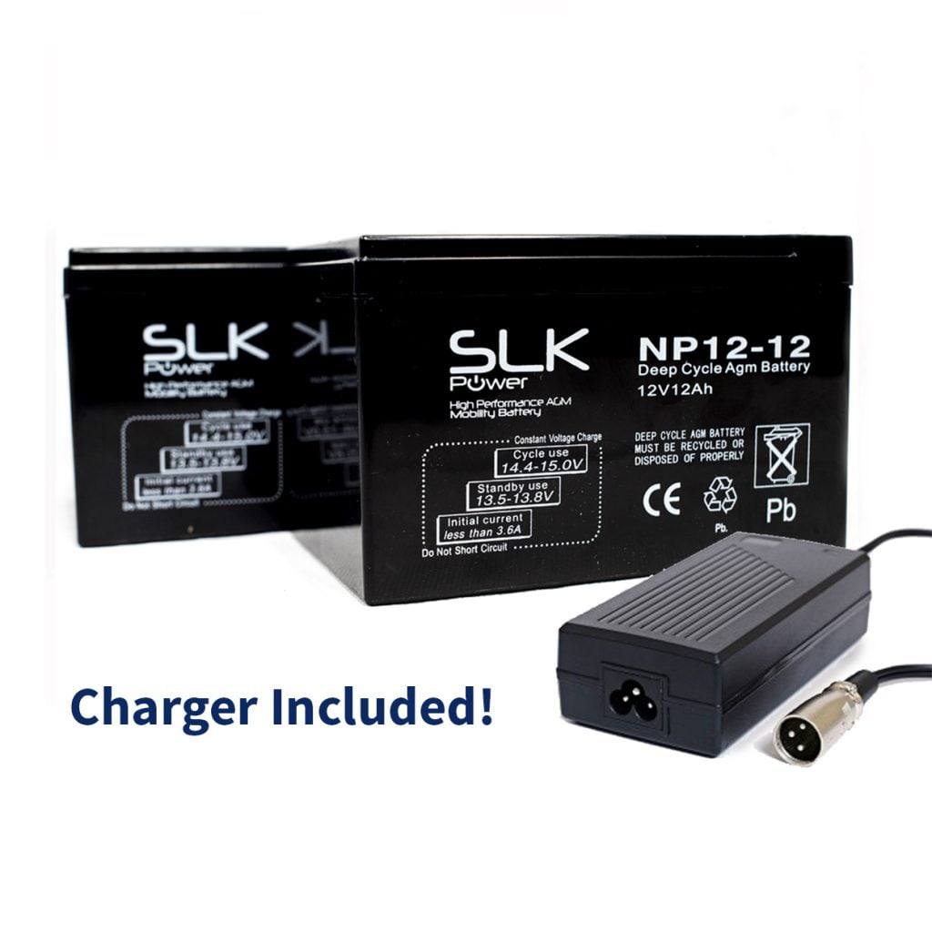 2 x 12v 12ah Mobility Scooter Batteries + Charger Bundle SLK Mobility